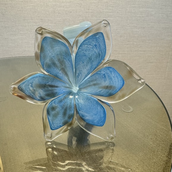 Vintage Hand-blown Murano Art Glass Flower W/Curled Stem Blue Clear Glitter - Picture 2 of 6